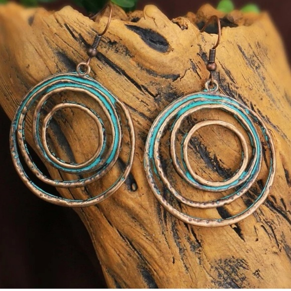 BOHO TURQUOISE AND COPPER CIRCULAR EARRINGS - Picture 2 of 4